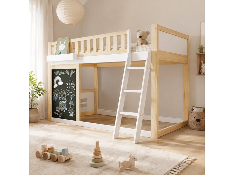 Lit mezzanine enfant 200×90 cm avec tableau à dessiner, boîte de rangement et garde-corps, sans matelas, blanc et naturel - Conforama B