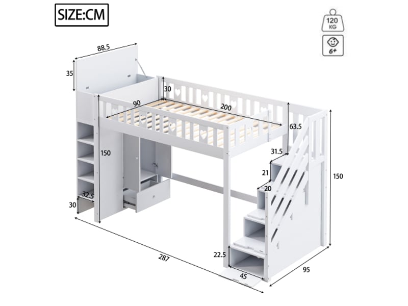  Lit mezzanine 90x200 cm coloris blanc pin lit enfant blanc - Conforama C