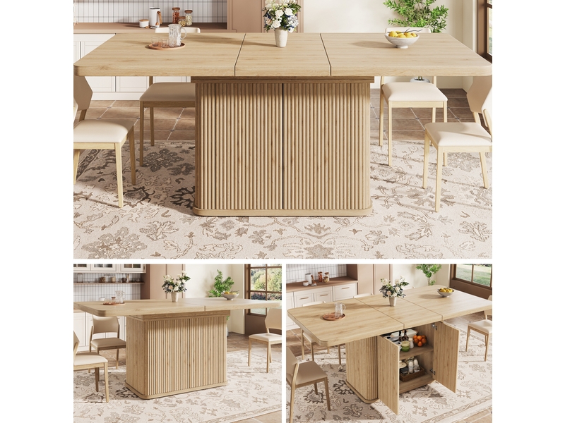 Table à manger extensible 140-180x80x76,5 cm, rangement caché, relief vertical, mdf et métal, décor bois clair - Conforama D