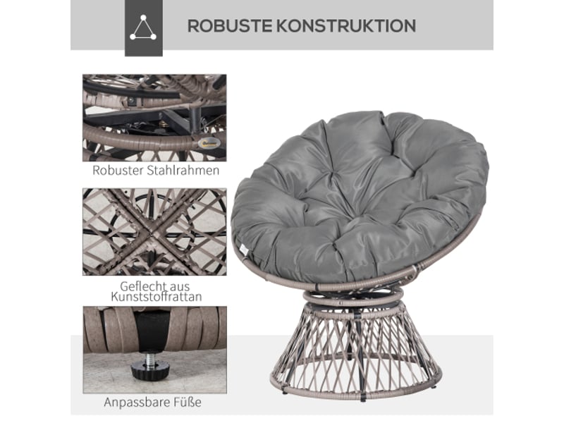  Fauteuil papasan outsunny gris en rotin, coussin, pivotant à 360°, 87x97x86 cm, jardin et salon  - Conforama D