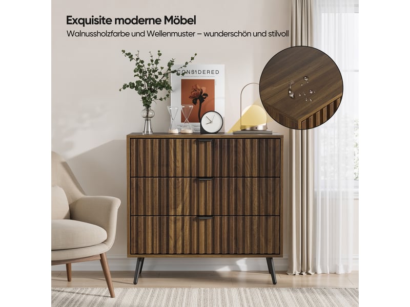  Commode 3 tiroirs en mdf coloris noyer avec pieds et poignées en métal W3180P412735 - Conforama D