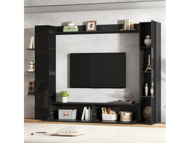  Meuble tv mural avec 2 portes abattantes, vitrines et étagères de rangement pour salon en mdf noir 245 × 30 × 170 cm  - Conforama D