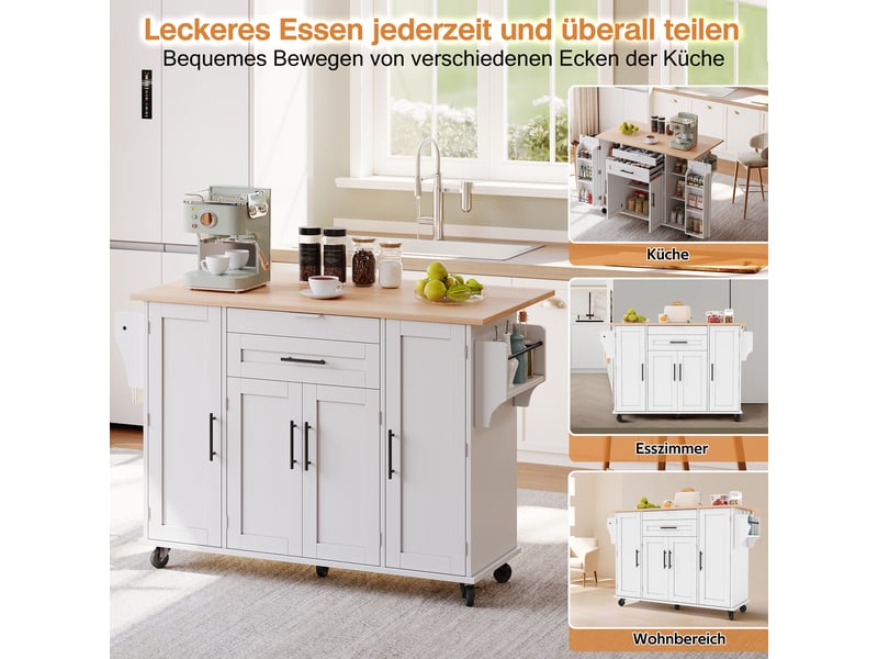  Îlot de cuisine mobile 136 × 4570 × 92 cm en mdf, plateau extensible, étagères réglables, tiroir caché et porte-serviette  - Conforama E