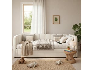Lit coffre méridienne 90 x 200 cm 2 tiroirs, extensible 180 cm, usb, lin beige