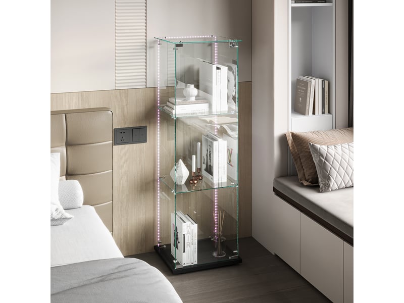  Vitrine en verre 3 niveaux simple porte - 39,8 x 35 x 123,5 cm - noir - armoire d'exposition avec ruban led et base noire  - Conforama E