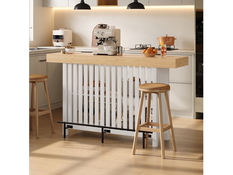  Table de bar 160x40x105 cm avec repose-pieds, rangement 2 niveaux en mdf couleur blanche et bois  - Conforama E