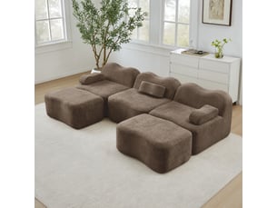 Canapé modulable 3 places velours marron 288x167x70 cm avec 2 poufs, assise profonde en mousse 32d, salon
