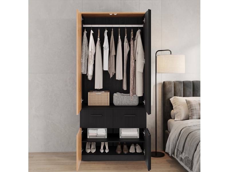  Armoire tcqpz 90 x 50 x 200 cm avec penderie 2 tiroirs et 2 compartiments mdf noir et bois naturel  - Conforama E