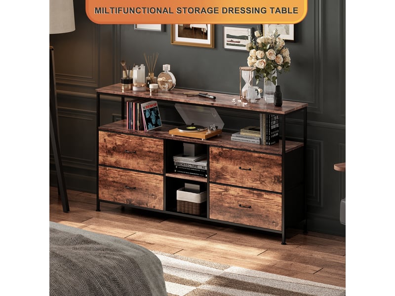  Meuble tv haut 108x29,8x76,8cm avec rangement, motif bois, 4 tiroirs, led, buffet de salon, bois et fer, naturel  - Conforama C