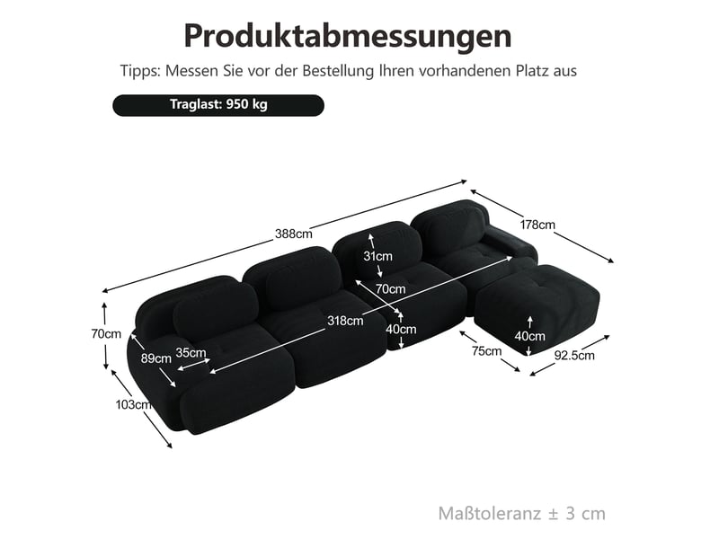 Canapé d'angle modulable 4 places en velours côtelé noir avec méridienne  - Conforama E