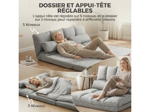 Chauffeuse 2 places canapé-lit convertible fauteuil de sol pliable dossier réglable 2 coussins inclus en polyester aspect suédé, pour salon, gris, chambre et bureau