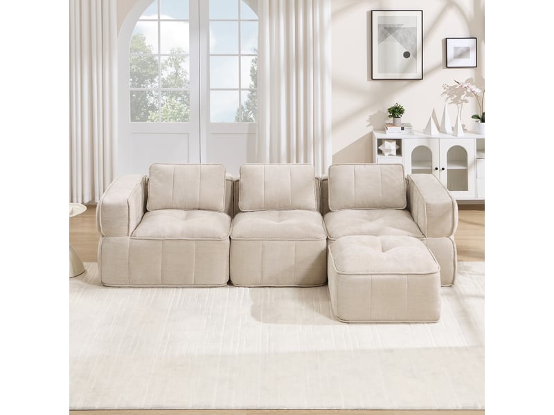 Canapé modulable, canapé 3 places, en tissu, beige, avec pouf, pour salon, mobilier pour espace de vie, adapté à l'espace de vie - Conforama C