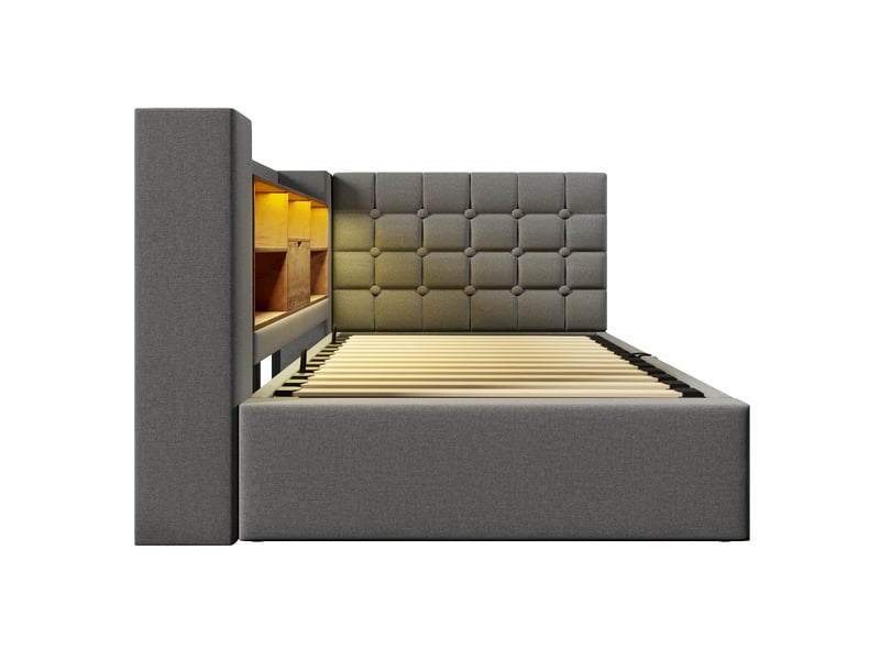  Lit coffre 90x200 cm avec led et usb, tissu gris  - Conforama W