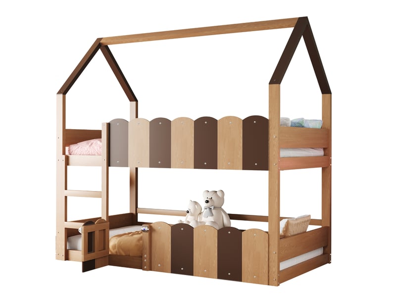  Lit superposé enfant 90 x 200 cm coloris bois, structure maison avec échelle et barrières rehaussées  - Conforama A
