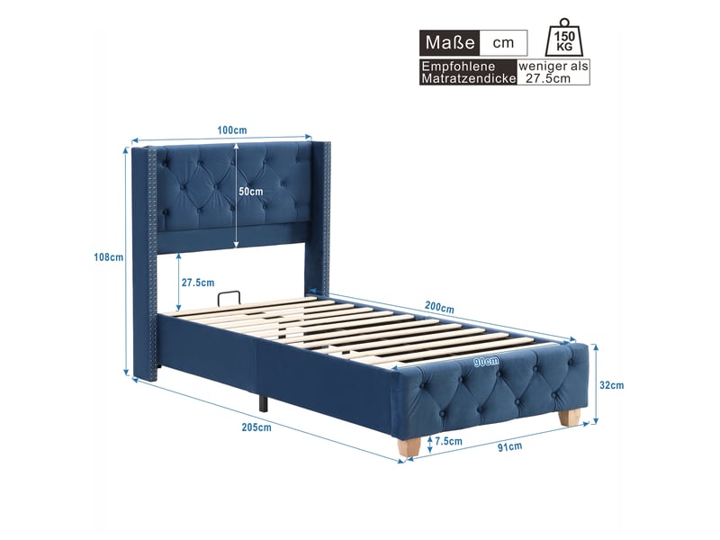  Lit simple 90x200 cm en velours bleu avec sommier à lattes et tête de lit  - Conforama E