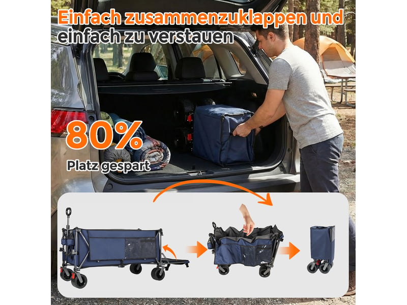  Chariot de jardin pliable 131x66x115,5 cm bleu en acier, roues tout-terrain, hayon extensible 180 cm  - Conforama E