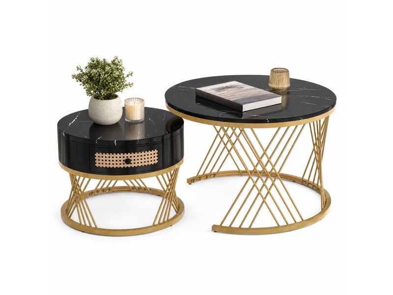 Tables basses gigognes rondes avec 1 tiroir et 2 plateaux, style moderne, pour salon, en mdf, noir et doré  - Conforama A