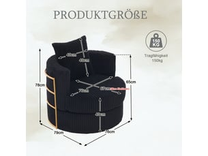 Fauteuil pivotant à 360 degrés, fauteuil noir en velours côtelé, fauteuil une place pour salon et chambre, rangement intégré