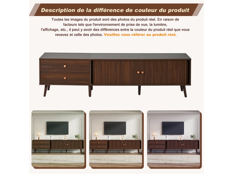  Meuble tv de salon, 180x40x46,5 cm, armoire tv avec 2 portes, 2 tiroirs, meuble de rangement, meuble tv moderne, couleur noyer  - Conforama E