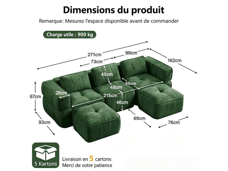 Canapé modulaire 3 places en u, 2 poufs, mousse 32d, assise profonde, tissu doux, 271×162×67 cm, vert - Conforama C
