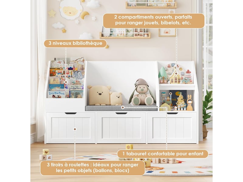  Meuble rangement enfant bibliothèque enfant avec banc 9 étagères 3 tiroirs roulants coussin amovible rangement jouet 140x39.5x80cm blanc  - Conforama E