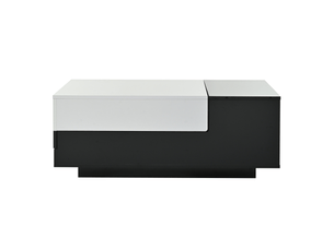 Table basse moderne 100x50x38 cm, haut brillant, tiroir et plateau coulissant, design géométrique noir et blanc