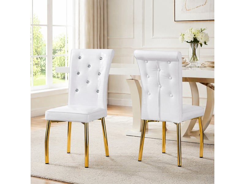  Chaises de salle à manger lot de 2 rembourrées avec boucles cristal  - pieds métal doré, pvc blanc  - Conforama C
