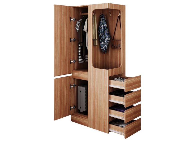  Armoire 70 x 40 x 170 cm – 1 porte – penderie ouverte, tiroirs et rangements – effet bois  - Conforama A