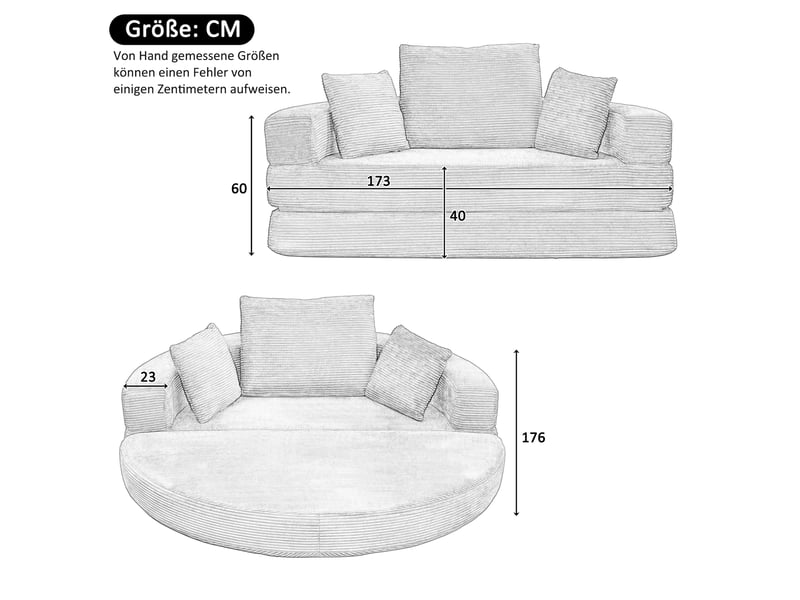  Canapé‑lit ovale modulable sans structure 173 x 176 cm, autoportant, revêtement velours côtelé, livré avec coussins, canapé‑lit pliable multifonction Fay Lum - Conforama C