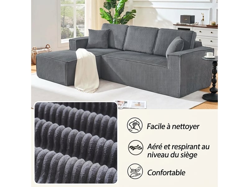  Canapé d'angle en l modulaire compressé 235x128x60 cm - velours côtelé gris et méridienne  - Conforama W
