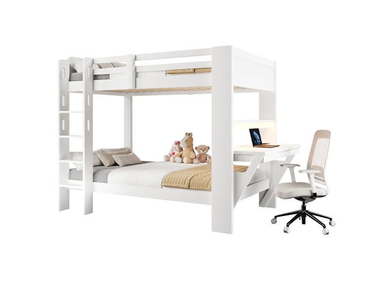  Lit superposé 2 couchages 90x200 cm, bureau prises usb type-c led, bois mdf blanc sans matelas  - Conforama A