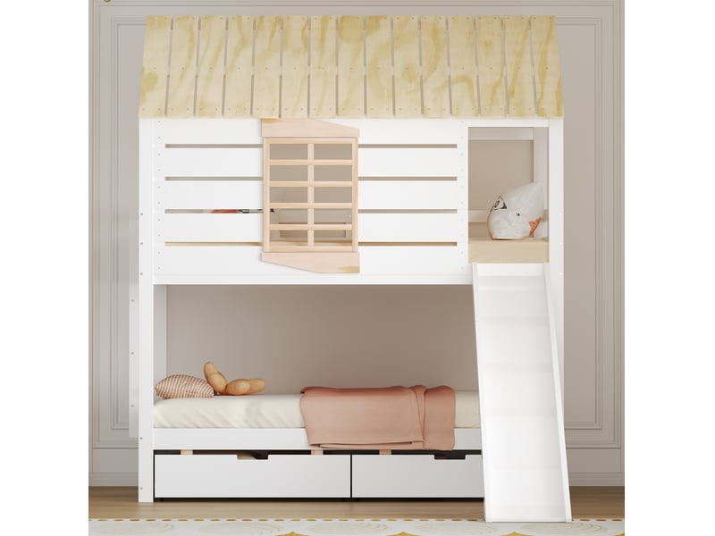  Lit superposé cabane enfant 90x200 cm avec toit à pignon, fenêtre en forme de cœur, toboggan, échelle et 2 tiroirs, pin et mdf, blanc et naturel OPULERANE TRADING LTD - Conforama D