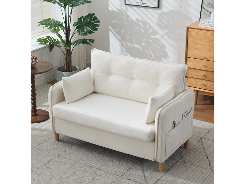  Canapé 2 places beige en tissu chenille, 127 cm, avec accoudoirs, coussins et poches latérales, pour salon moderne  - Conforama B