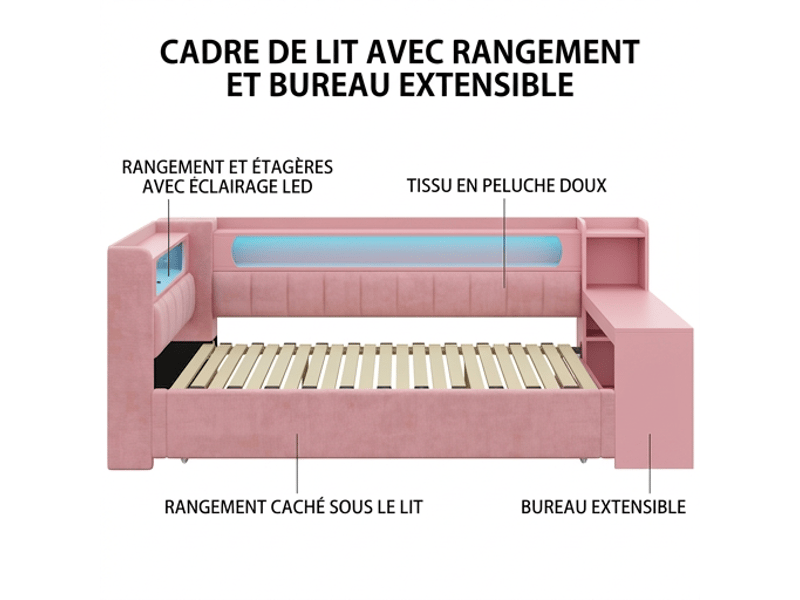  Lit gigogne extensible 90x200 à 180x200 rose avec bureau intégré et port usb sans matelas  - Conforama D