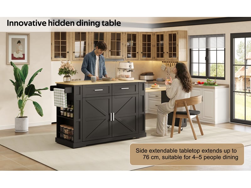 Îlot de cuisine sur roulettes avec plan de travail extensible, prises et usb, 2 tiroirs, noir et naturel - Conforama D