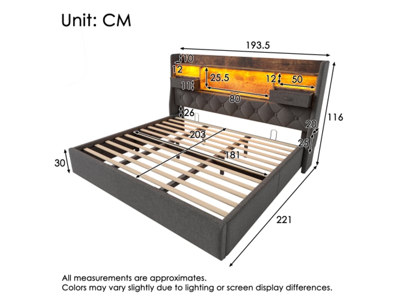  Lit king size -180x200 cm - lit coffre hydraulique - avec led - 4 ports usbtype-c - tête de lit rangement - gris  - Conforama D