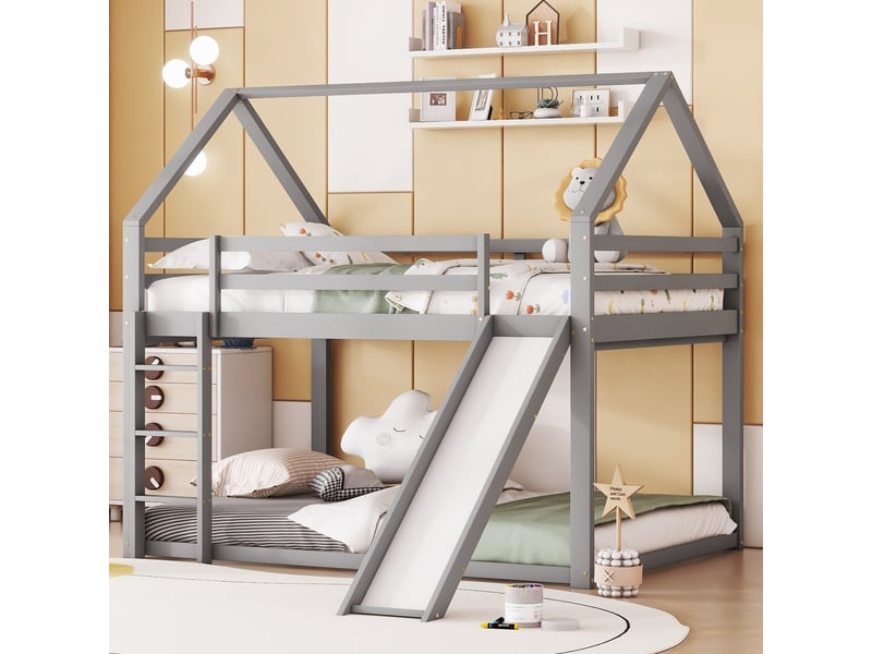 Lit superposé cabane avec toboggan, lit enfant double 140x200 gris en bois massif, avec échelle et sommier à lattes inclus. - Conforama B