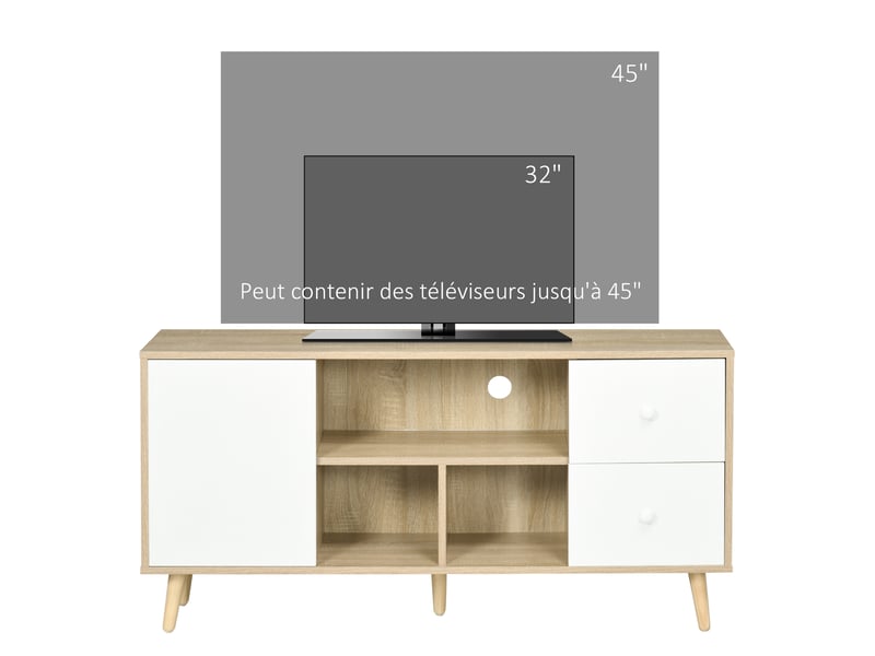  Meuble tv pour télévision jusqu'à 45 pouces pieds en bois massif style scandinave 3 niches 1 placard 120 x 30 x 60 cm  - Conforama R
