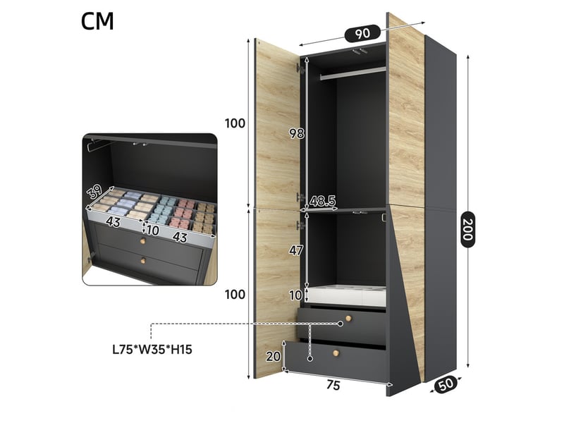  Armoire avec boîte de rangement, 90 x 50 x 200 cm, 1 penderie, 1 porte-pantalon et 2 tiroirs, design moderne  - Conforama C