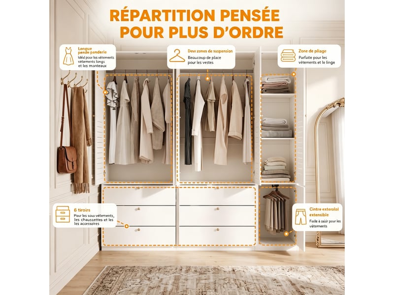 Armoire 5 portes, 225 x 50 x 200 cm, élégantes portes à persiennes, avec 3 tringles et 6 tiroirs, blanc - Conforama R
