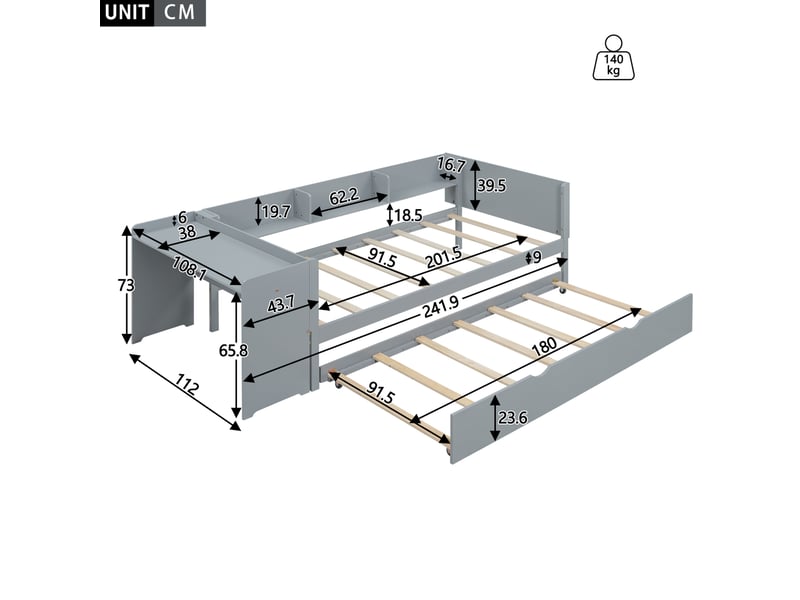  Lit combiné enfant 90 x 200 cm gris avec lit gigogne, bureau et 3 étagères  - Conforama E