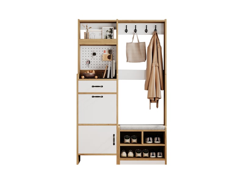  Meuble d'entrée avec banc rembourré, 1 tiroir, 1 abattant, 1 porte, crochets et niches pour entrée, 108,5×35×180 cm  - Conforama A