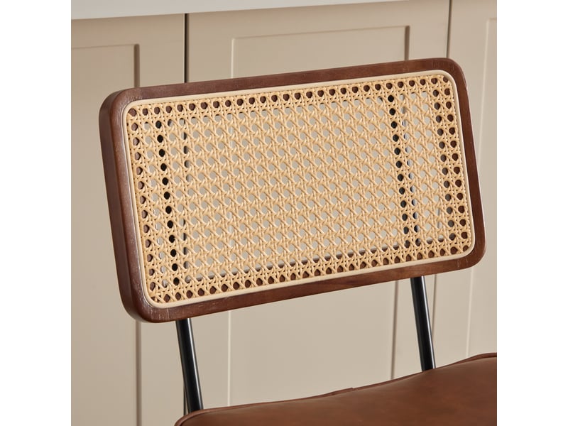  Tabouret de bar marron lot de 2 chaises de bar cuir pu vintage dossier aspect rotin pieds métal 96.5cm  - Conforama D