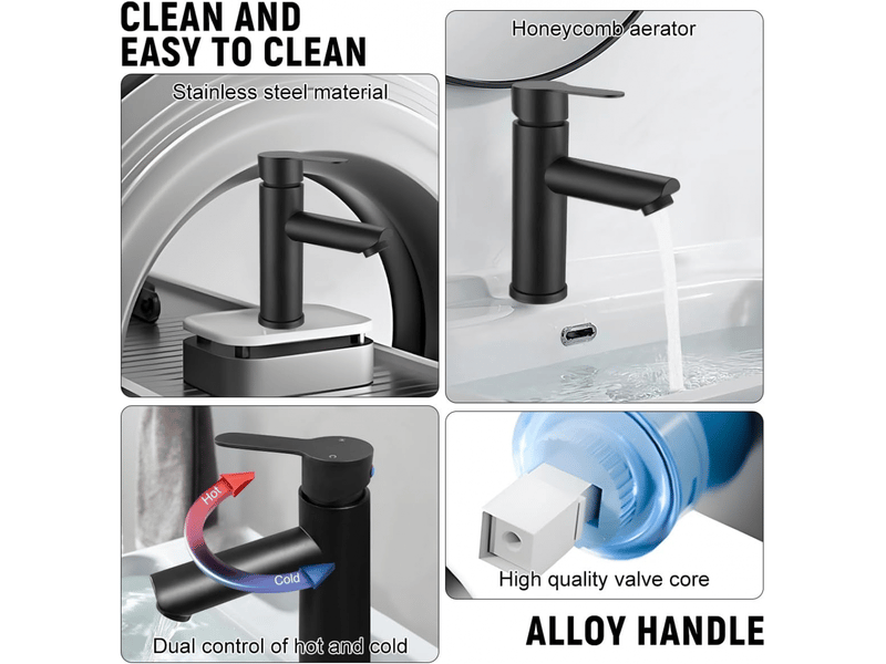  Robinet de lavabo de salle de bain, eau chaude et froide, robinet d'évier en acier inoxydable - bec droit noir, tube de 60 cm  - Conforama B