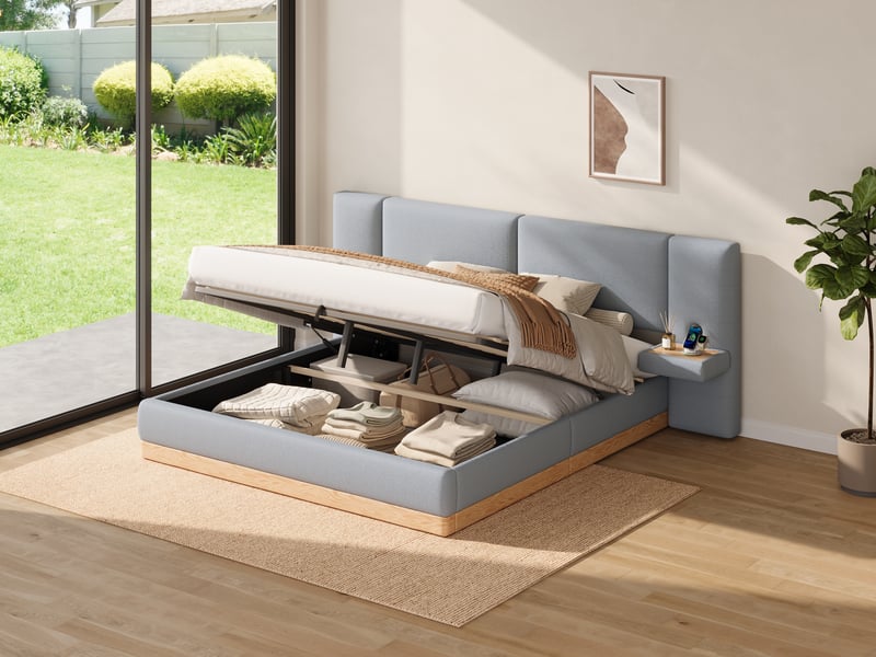  Lit coffre 140 x 200cm, avec étagère sur la tête de lit, port usb, gris et coloris naturel  - Conforama B