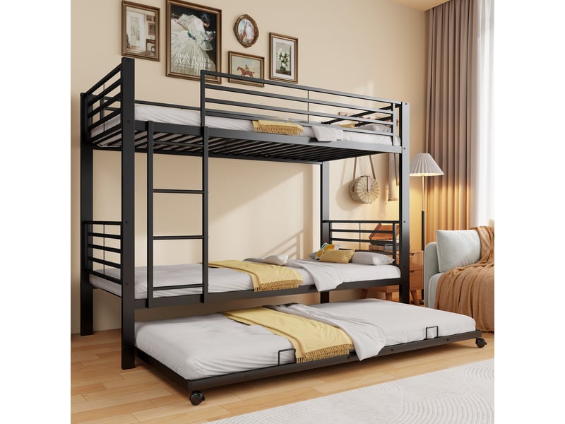 Lit superposé 90 x 200 cm avec barrière de sécurité, lit gigogne, structure stable, échelle intégrée, conforme en 747, métal, noir Morn Vibe - Conforama B