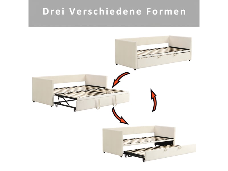 Canapé lit convertible 90180 x 200 cm, clic clac 2 places avec accoudoirs, lits gigogne avec sommier à lattes, beige velours lit capitonné - Conforama R