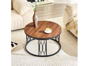 Table basse ronde 70x70x40,5 cm, décor bois, style moderne, meuble d'appoint, pratique, en mdf et métal, bois foncé