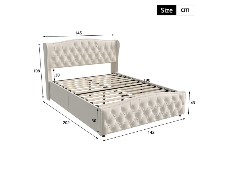  Lit 140x190cm - lit coffre 140x190cm - lit rembourré avec tête de lit à motifs vagues et rivets et sommier relevable - blanc  - Conforama E