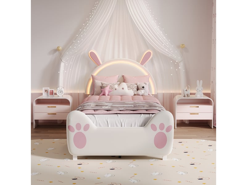 Lit enfant et lit simple 90x200 cm avec led, tête de lit lapin avec oreilles, tissu velours, blanc, sans matelas - Conforama W